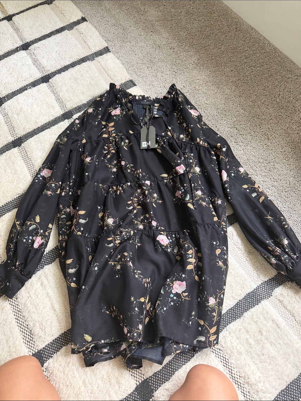 AllSaints Black Floral Tiered Ruffle Tunic
